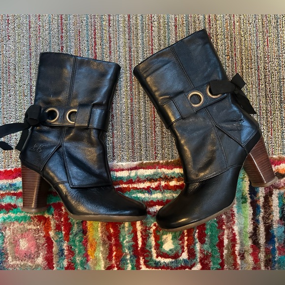 Fluevog VINTAGE LIKE NEW Sopranos Inge black mid-calf ribbon apron boot -9.5/10 - Picture 7 of 16
